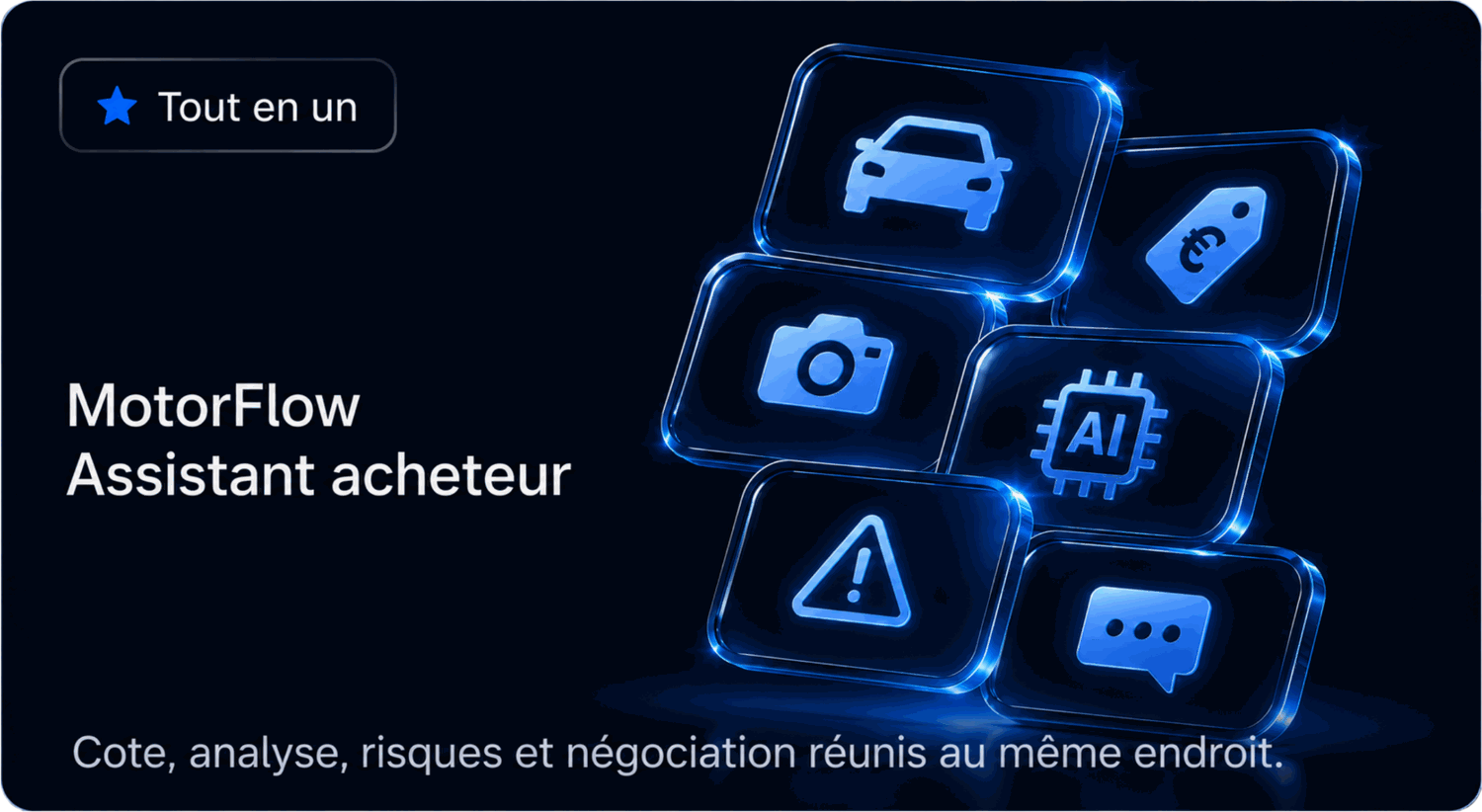 Tout en un : MotorFlow, copilote sourcing VO. Cote, analyse, risque marchand et négociation réunis au même endroit.